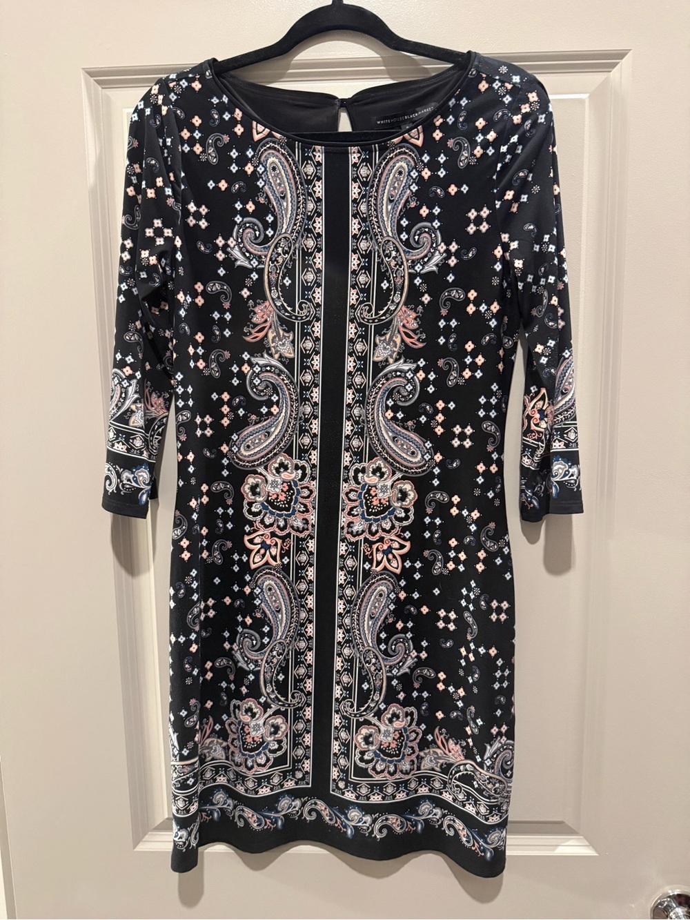 White House Black Market Black Paisley-Print Long Sleeve Sheath Dress